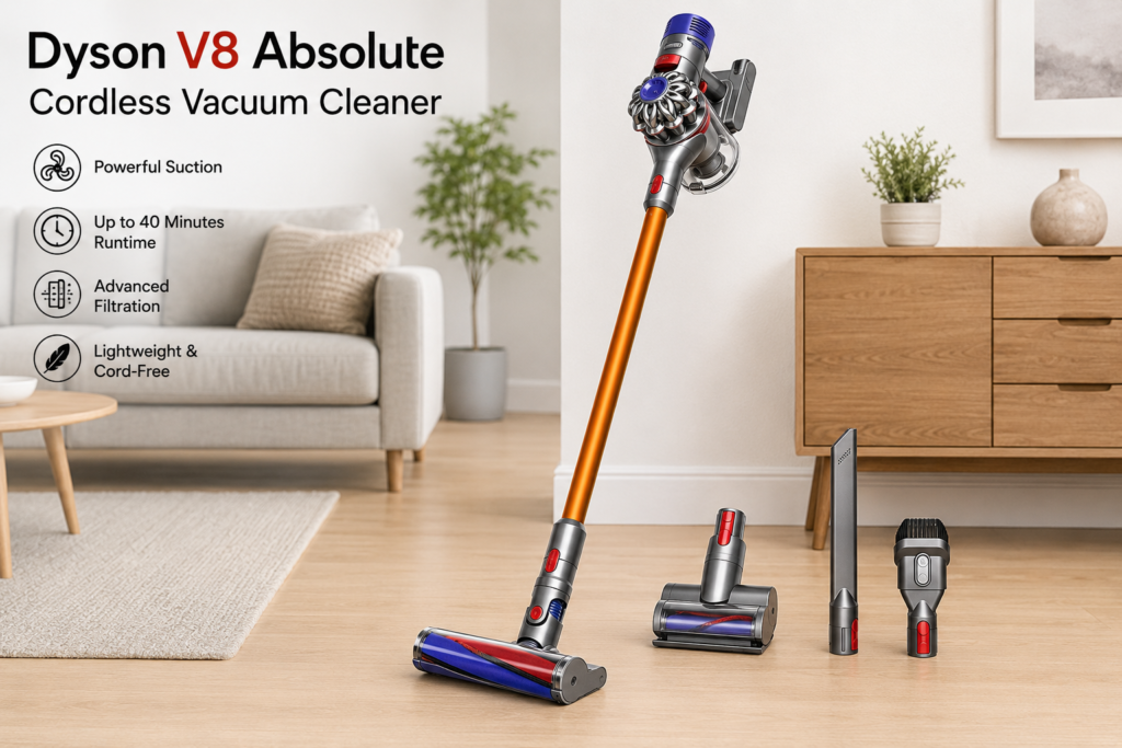 Dyson V8 Absolute Cordless Vacuum Cleaner standing with cleaning attachments on a modern home floor.