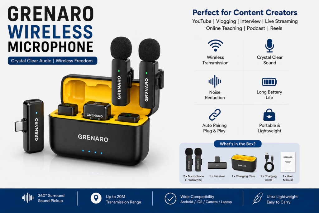 GRENARO Wireless Microphone for YouTube Vlogging and Podcast Recording