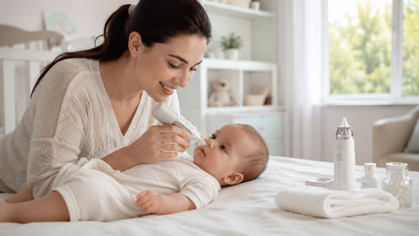 Electric and manual baby nose cleaner with soft silicone tips designed to safely remove nasal congestion from newborns and infants.