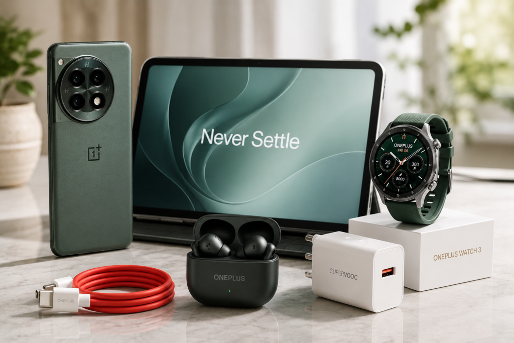 Collection of the best OnePlus gadgets including a smartphone, tablet, smartwatch, wireless earbuds, charger, and accessories available on Amazon in 2026.