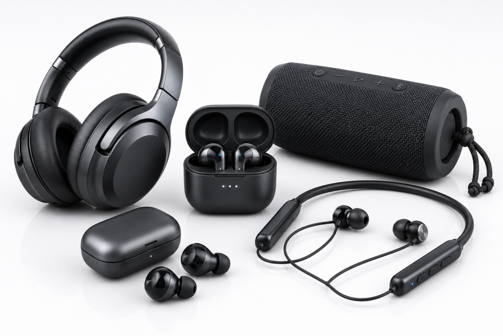 Best Bluetooth audio devices on Amazon including wireless earbuds, headphones, speaker, and neckband