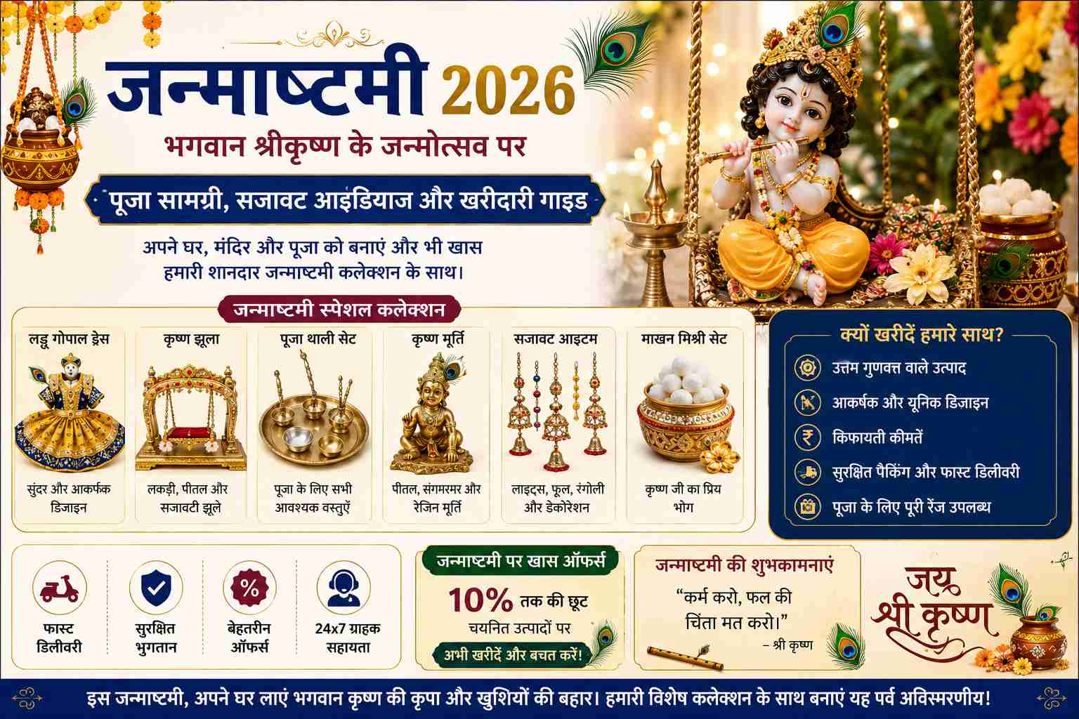 जन्माष्टमी 2026 पर भगवान श्रीकृष्ण, पूजा सामग्री, लड्डू गोपाल ड्रेस, कृष्ण झूला और सजावट आइडियाज़